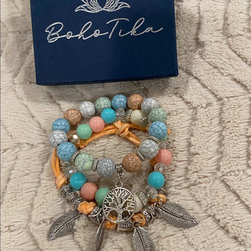 Colorful Beaded Bracelet Set with Silver Accents tree of life